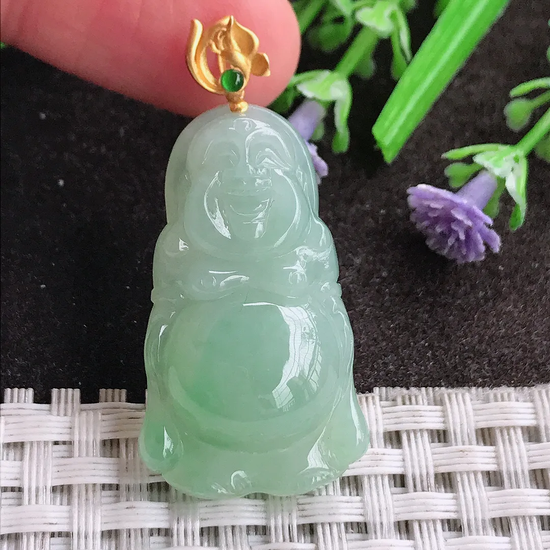 天然A货翡翠34/19.7/7.6老坑18k金镶嵌冰胶冰晴绿佛公吊坠翡翠挂件