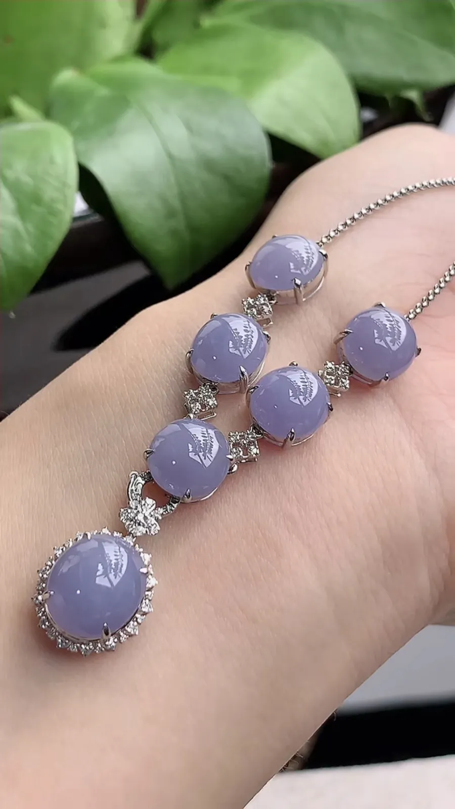 a货翡翠老坑冰种18K金伴钻镶嵌紫罗兰蛋面项链 尺寸10×9×9mm 重量8.85g 1209