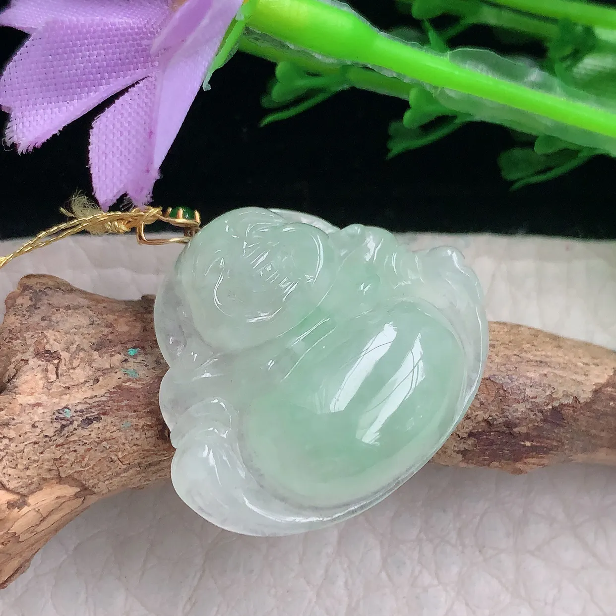 ws自然光26.3*29.5*6天然缅甸翡翠冰甜绿佛公 开心佛玉吊坠 玉挂件