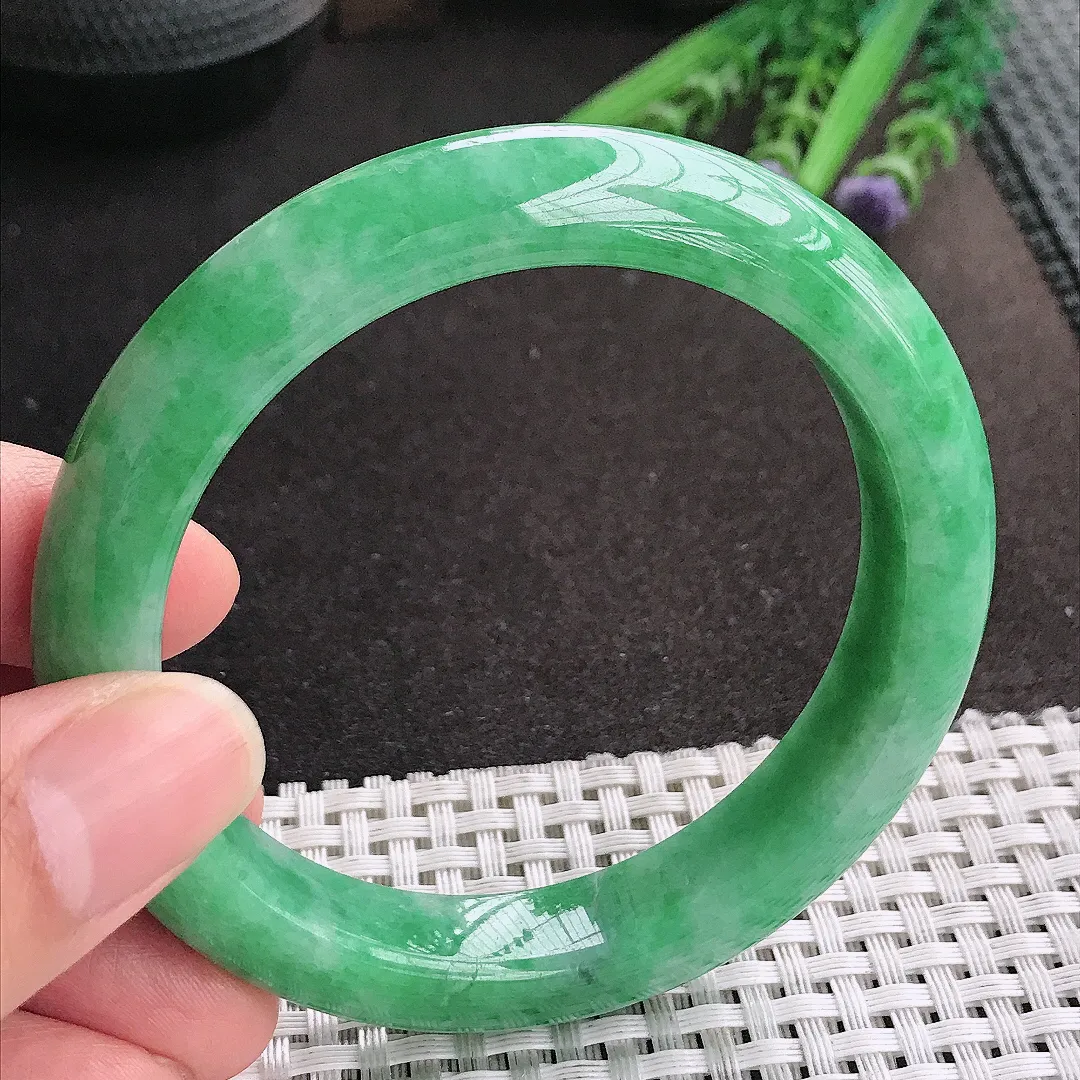 天然A货翡翠58.5/11.8/9.2老坑精美温润满绿手镯宽边玉镯