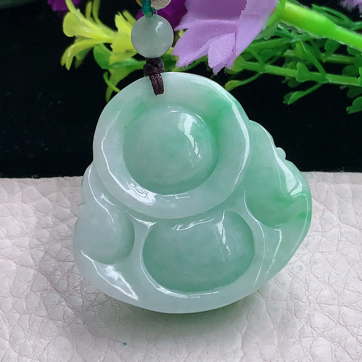 zen自然光38*38*11缅甸翡翠a货饱满飘绿佛公 弥勒佛玉吊坠 玉挂件