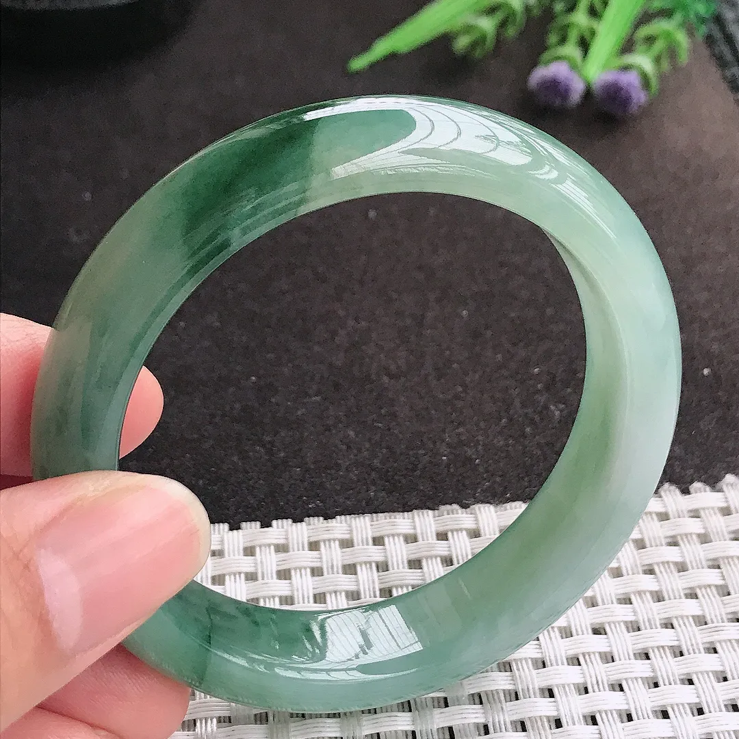 天然A货翡翠54.5/13.5/8.2老坑冰润起胶飘花手镯宽边玉镯