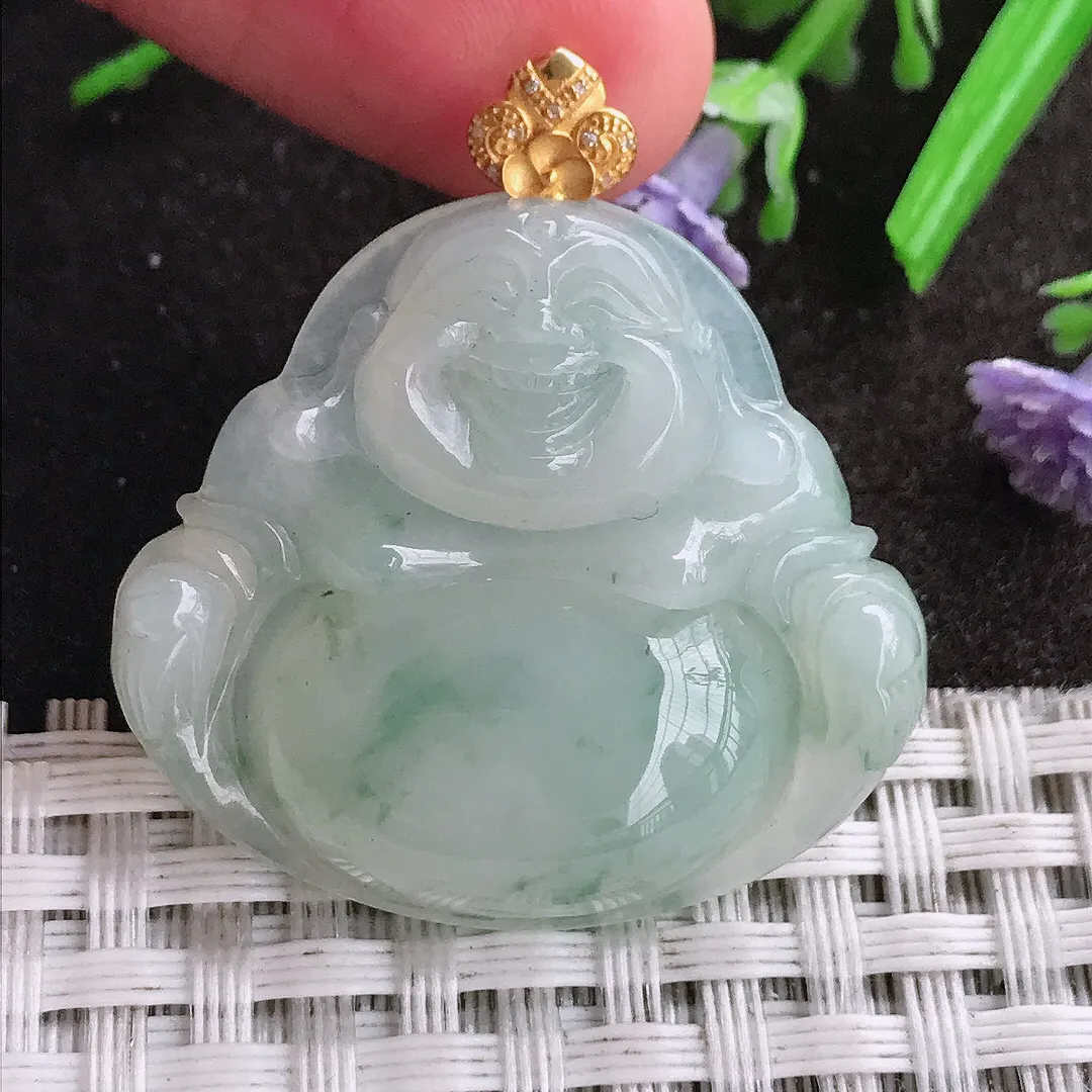 天然A货翡翠29.7/33.2/7.1老坑18k金镶嵌冰胶飘花佛公吊坠翡翠挂件