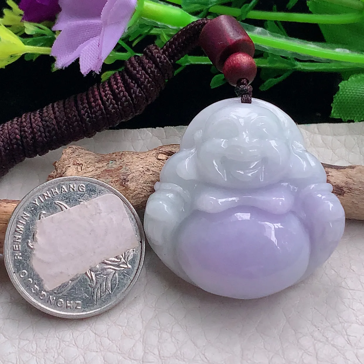zen自然光36*35.5*12缅甸翡翠a货饱满紫罗兰佛公 弥勒佛玉吊坠 玉挂件