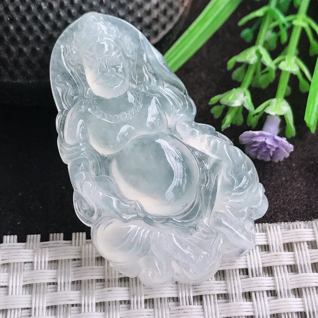 天然A货翡翠49.9/30.8/6老坑冰种果冻胶白冰黄财神吊坠翡翠挂件