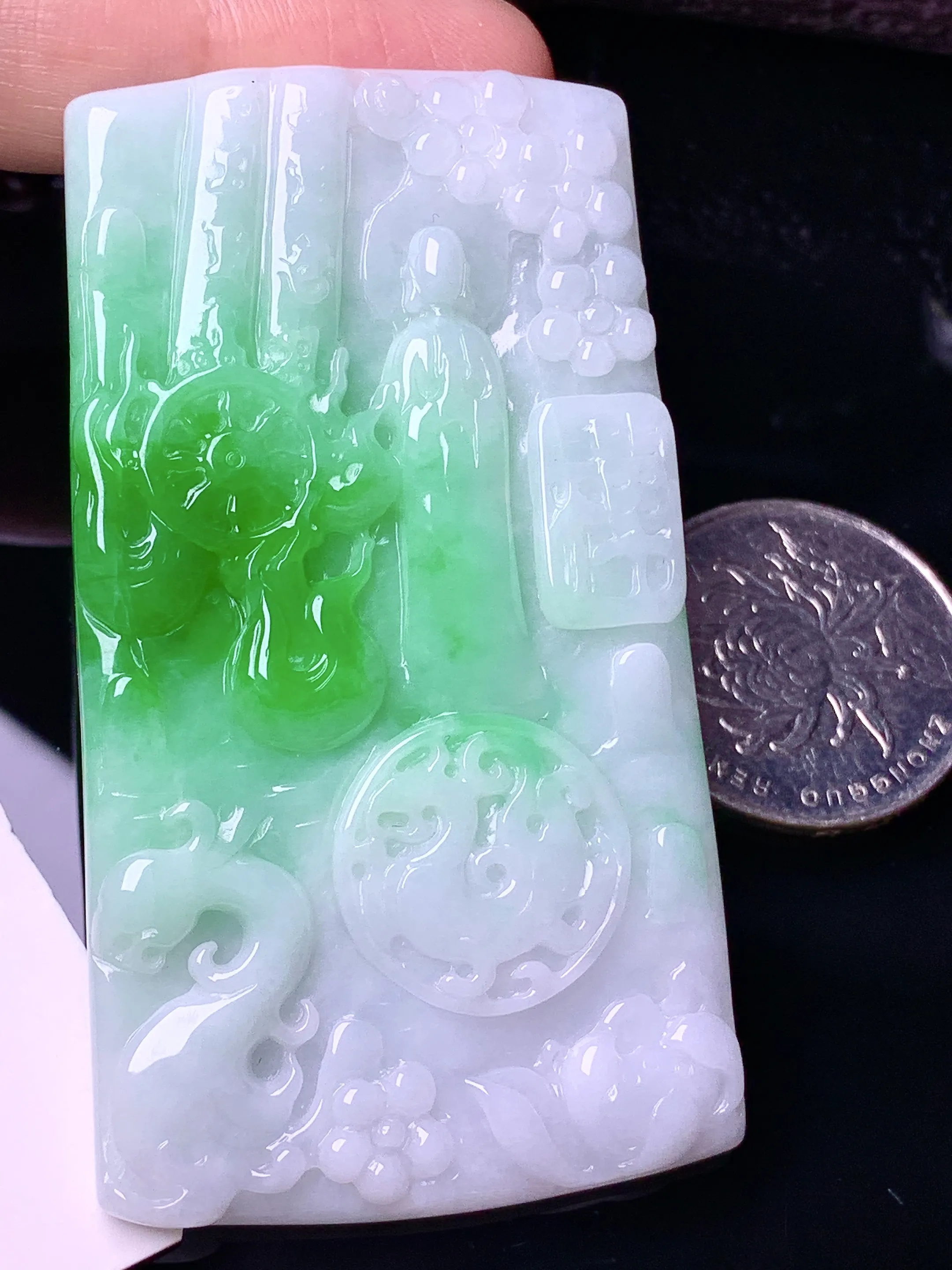 飘绿悟道吊坠 玉质细腻 水润亮眼 色泽艳丽 整体尺寸69*38.7*4.8