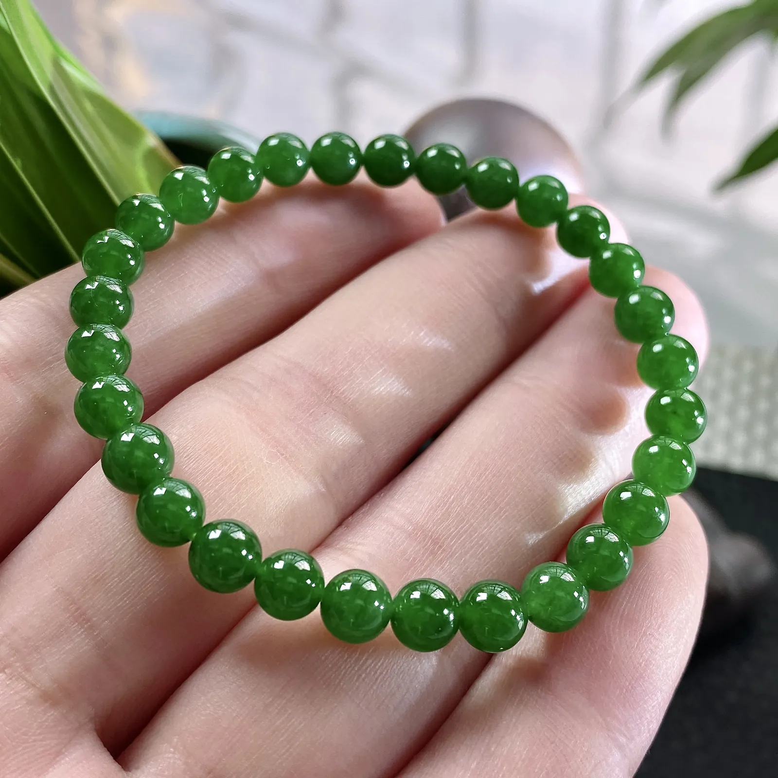 收藏级别，缅甸天然翡翠A货，卡6冰种起胶帝王绿圆珠手串手链，尺寸：6mm/29颗，长度172mm，重量：10.00g