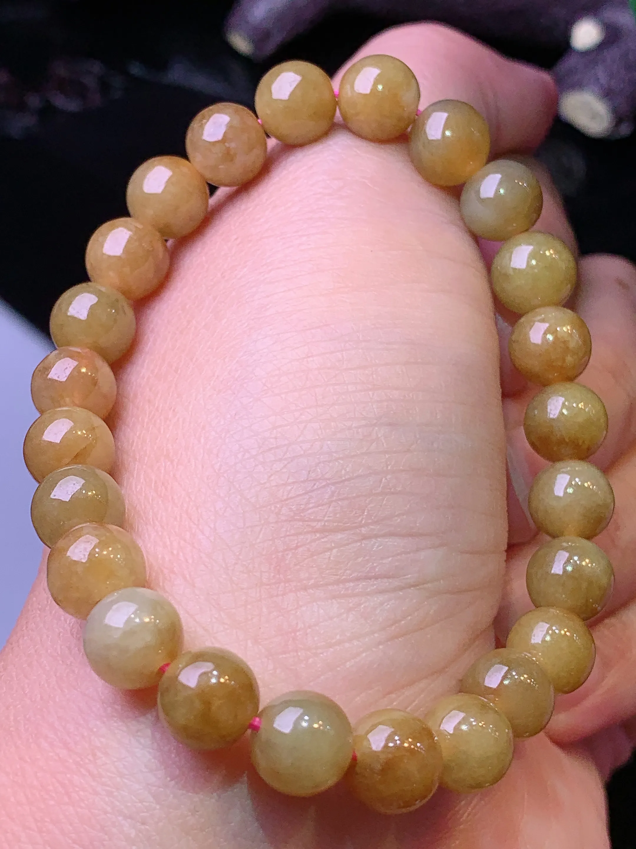 黄翡圆珠手链 玉质细腻 水润亮眼 色泽艳丽 整体尺寸7.5