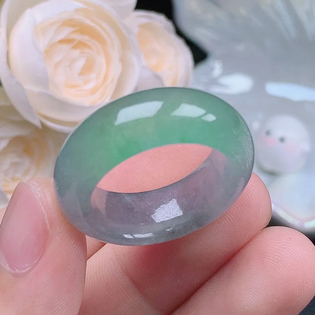 缅甸翡翠老坑冰种水润起胶半山水轮胎冰绿乌鸡戒指玉指环  水润通透 尺寸：20.4-9.6-5.2mm