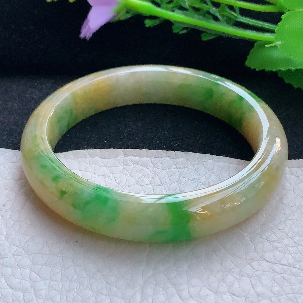 mq自然光56*12*8.5平安镯 翡翠a货玉手镯三彩宽边珠宝玉手环