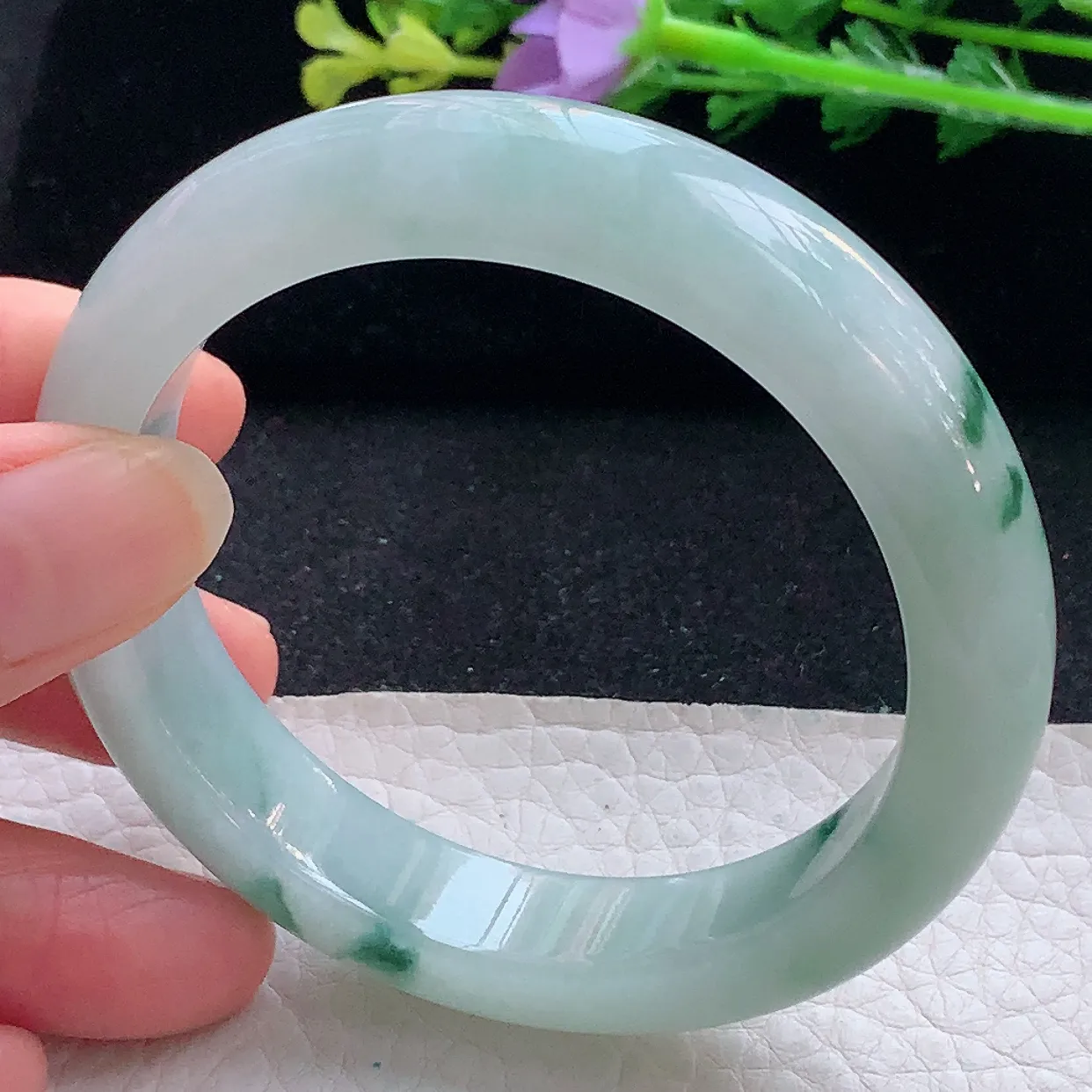 r自然光56.5*12.6*8.8平安镯 翡翠a货玉手镯飘花宽边珠宝玉手环