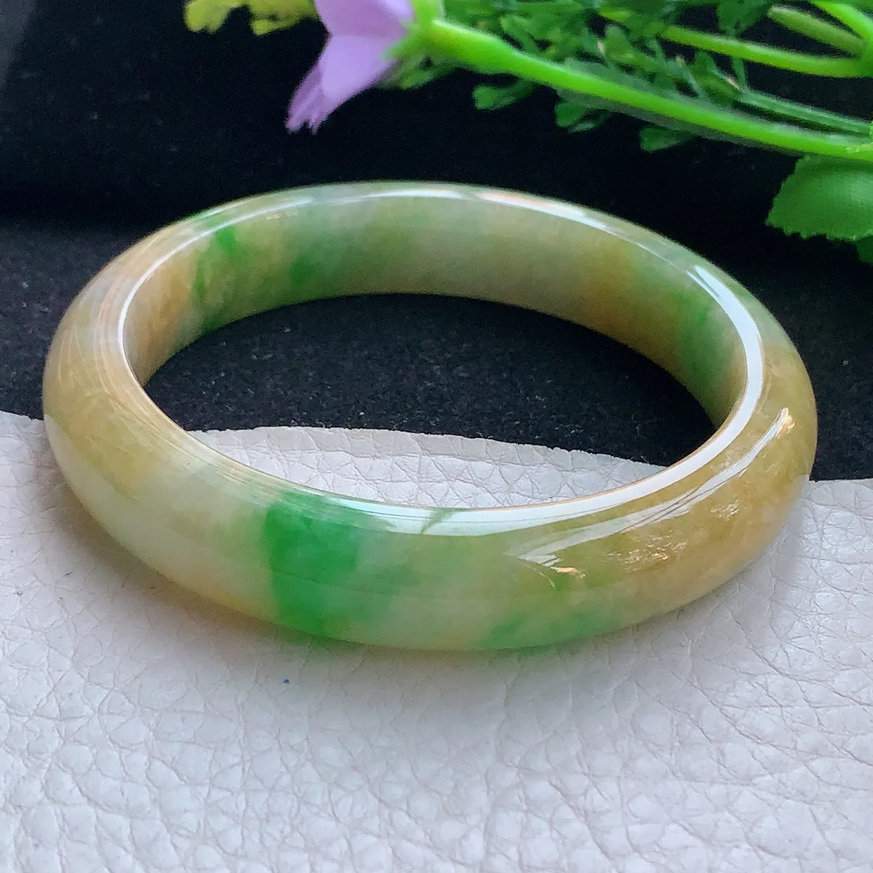 mq自然光56*12*8.5平安镯 翡翠a货玉手镯三彩宽边珠宝玉手环