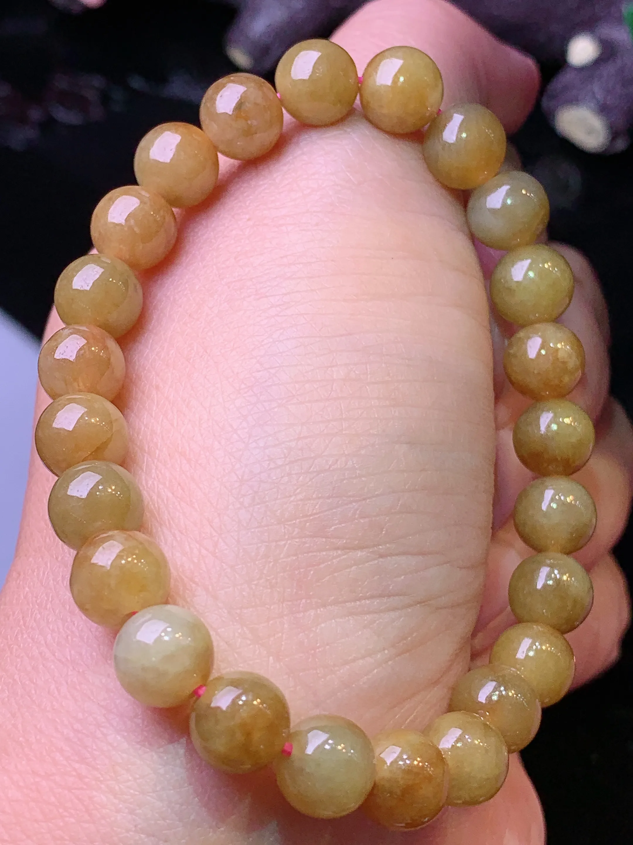 黄翡圆珠手链 玉质细腻 水润亮眼 色泽艳丽 整体尺寸7.5