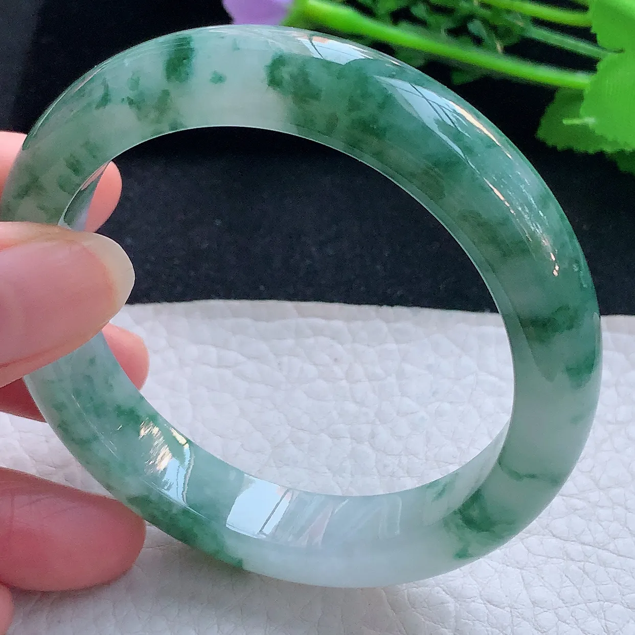 mq自然光56*12.5*8.5平安镯 翡翠a货玉手镯冰飘花宽边珠宝玉手环