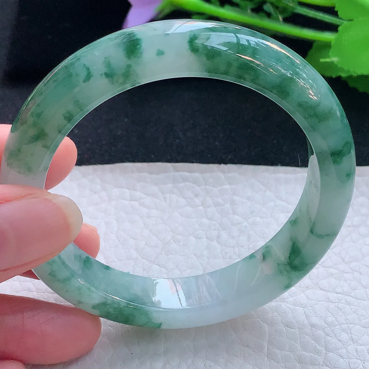 mq自然光56*12.5*8.5平安镯 翡翠a货玉手镯冰飘花宽边珠宝玉手环