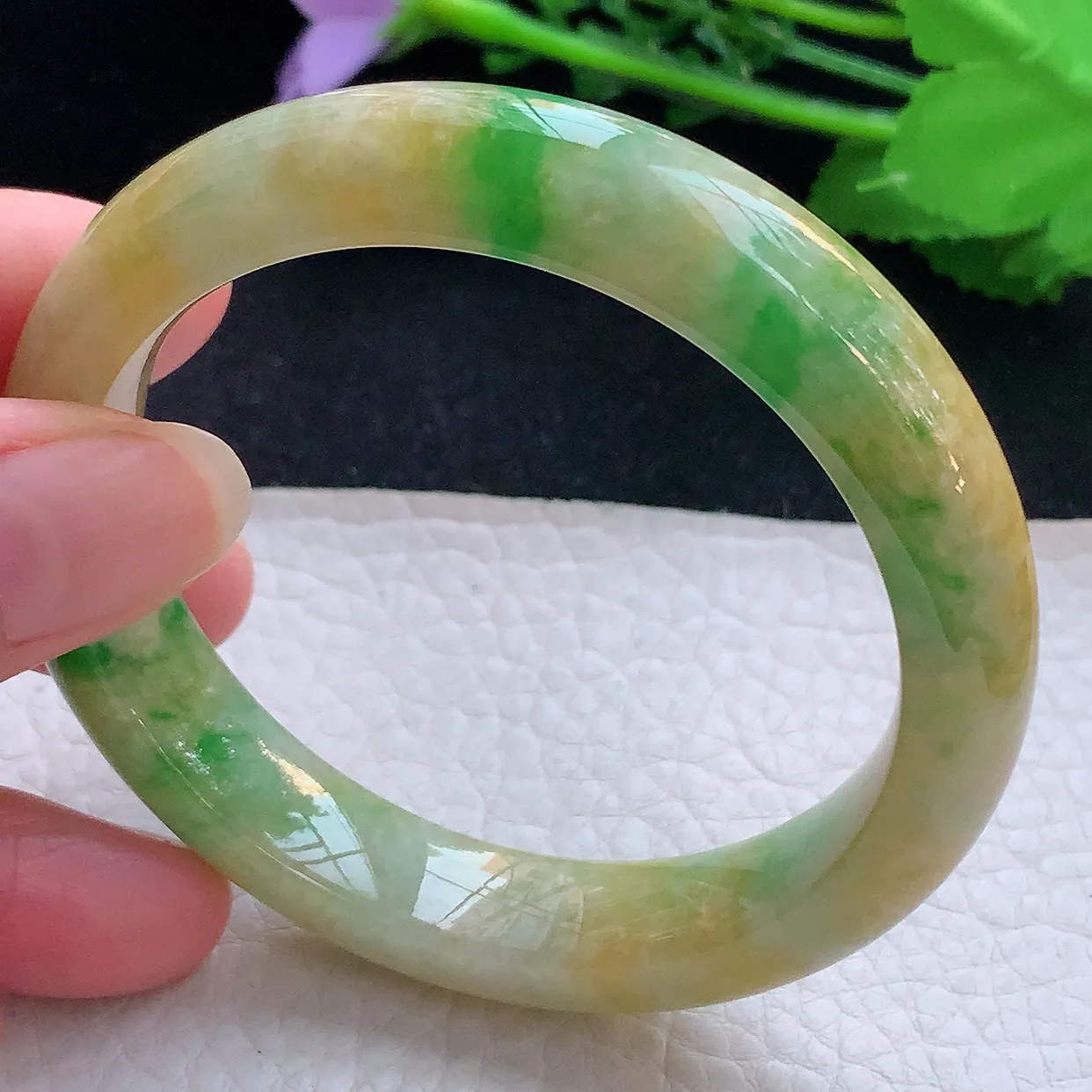 mq自然光56*12*8.5平安镯 翡翠a货玉手镯三彩宽边珠宝玉手环