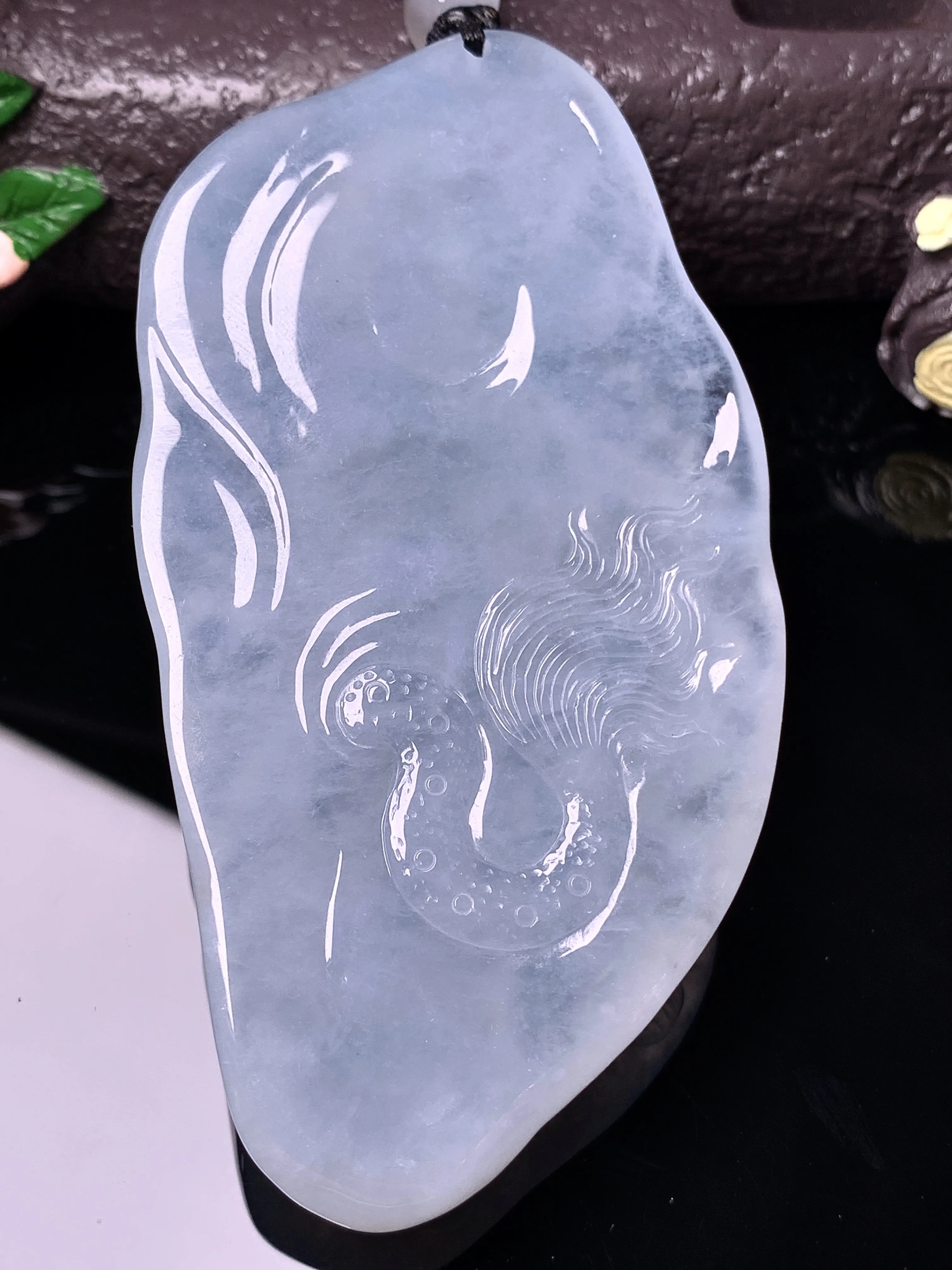 冰种文殊观音菩萨吊坠 玉质细腻 水润亮眼 色泽艳丽 整体尺寸82*42.8*12