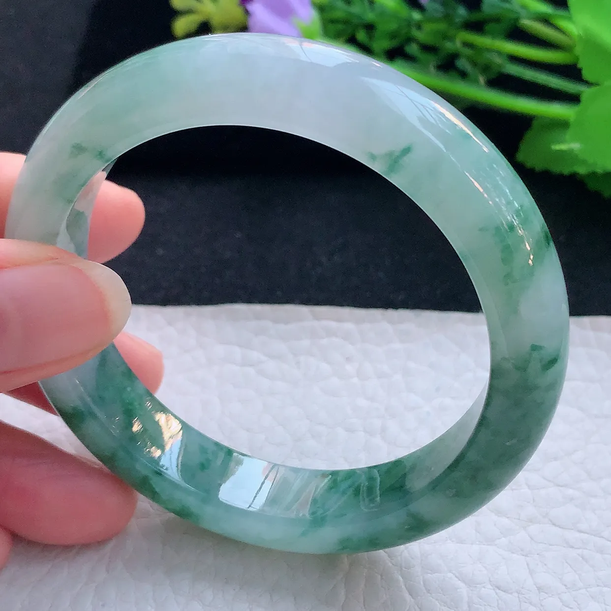 mq自然光56*12.5*8.5平安镯 翡翠a货玉手镯冰飘花宽边珠宝玉手环