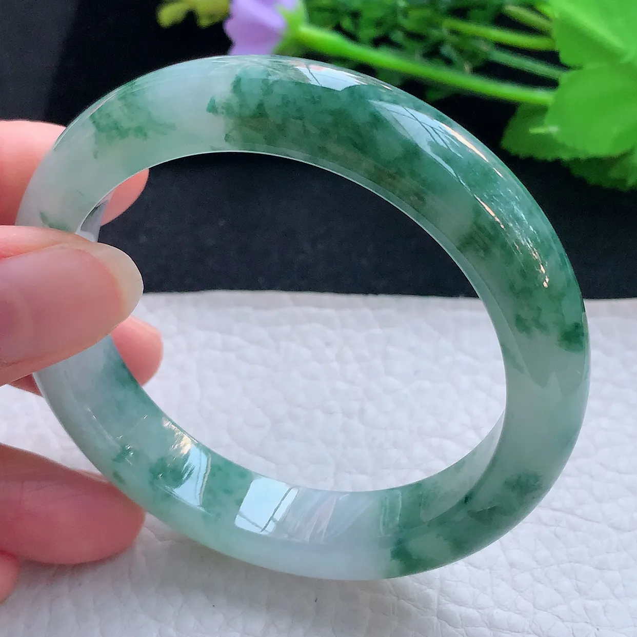 mq自然光56*12.5*8.5平安镯 翡翠a货玉手镯冰飘花宽边珠宝玉手环