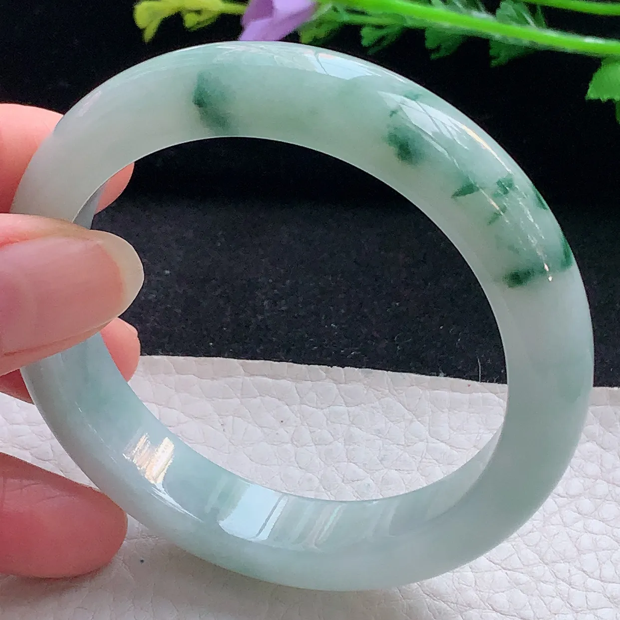 r自然光56.5*12.6*8.8平安镯 翡翠a货玉手镯飘花宽边珠宝玉手环