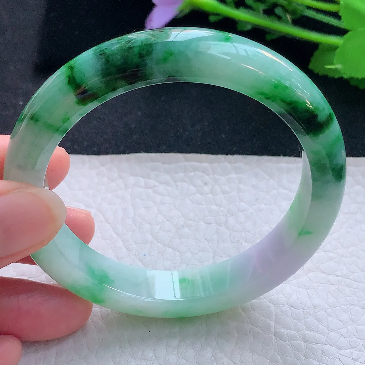 cc自然光58*12.2*8.5平安镯 翡翠a货玉手镯辣色春带彩宽边珠宝玉手环