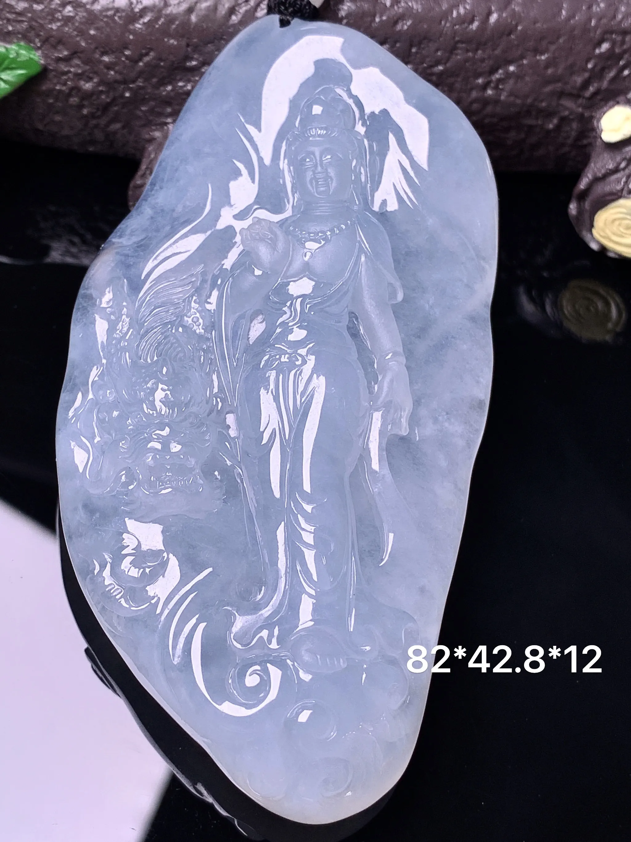 冰种文殊观音菩萨吊坠 玉质细腻 水润亮眼 色泽艳丽 整体尺寸82*42.8*12