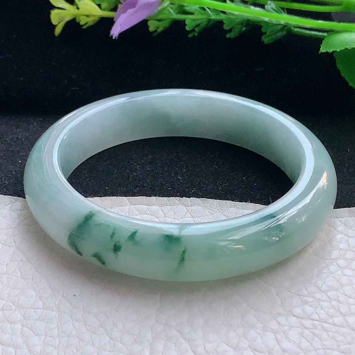 r自然光56.5*12.6*8.8平安镯 翡翠a货玉手镯飘花宽边珠宝玉手环