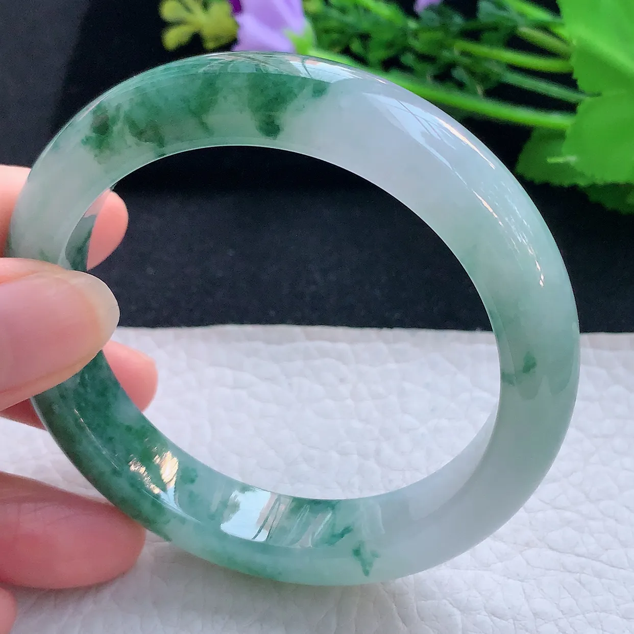 mq自然光56*12.5*8.5平安镯 翡翠a货玉手镯冰飘花宽边珠宝玉手环