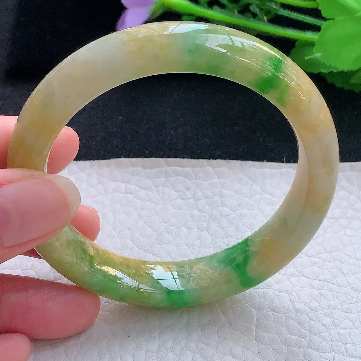 mq自然光56*12*8.5平安镯 翡翠a货玉手镯三彩宽边珠宝玉手环