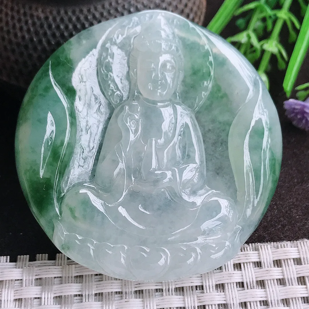 天然A货翡翠56.5/7.6老坑冰胶果冻飘花素衣观音吊坠翡翠挂件