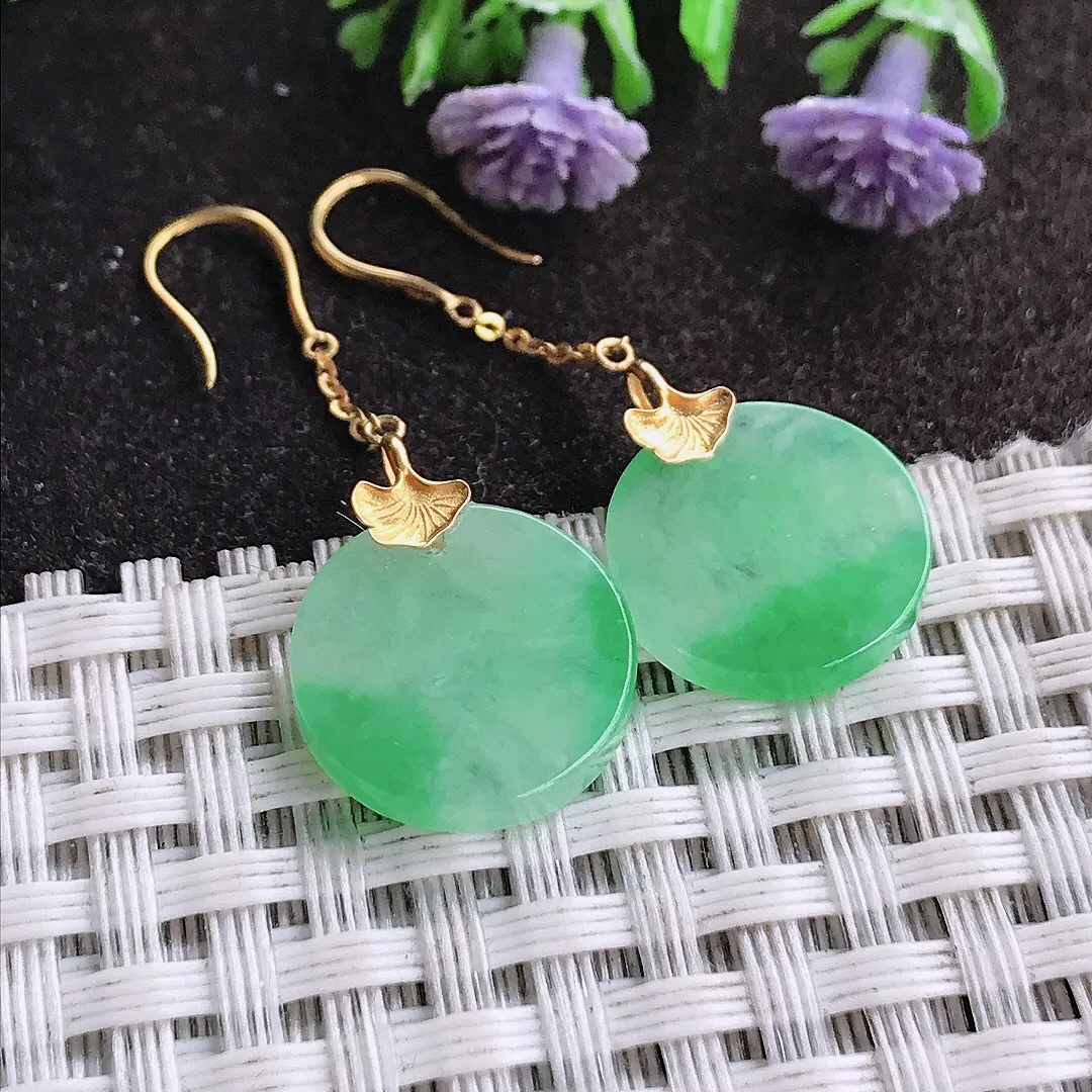 天然A货翡翠14.3/2.7老坑18k金镶嵌冰阳绿无事牌耳坠女款