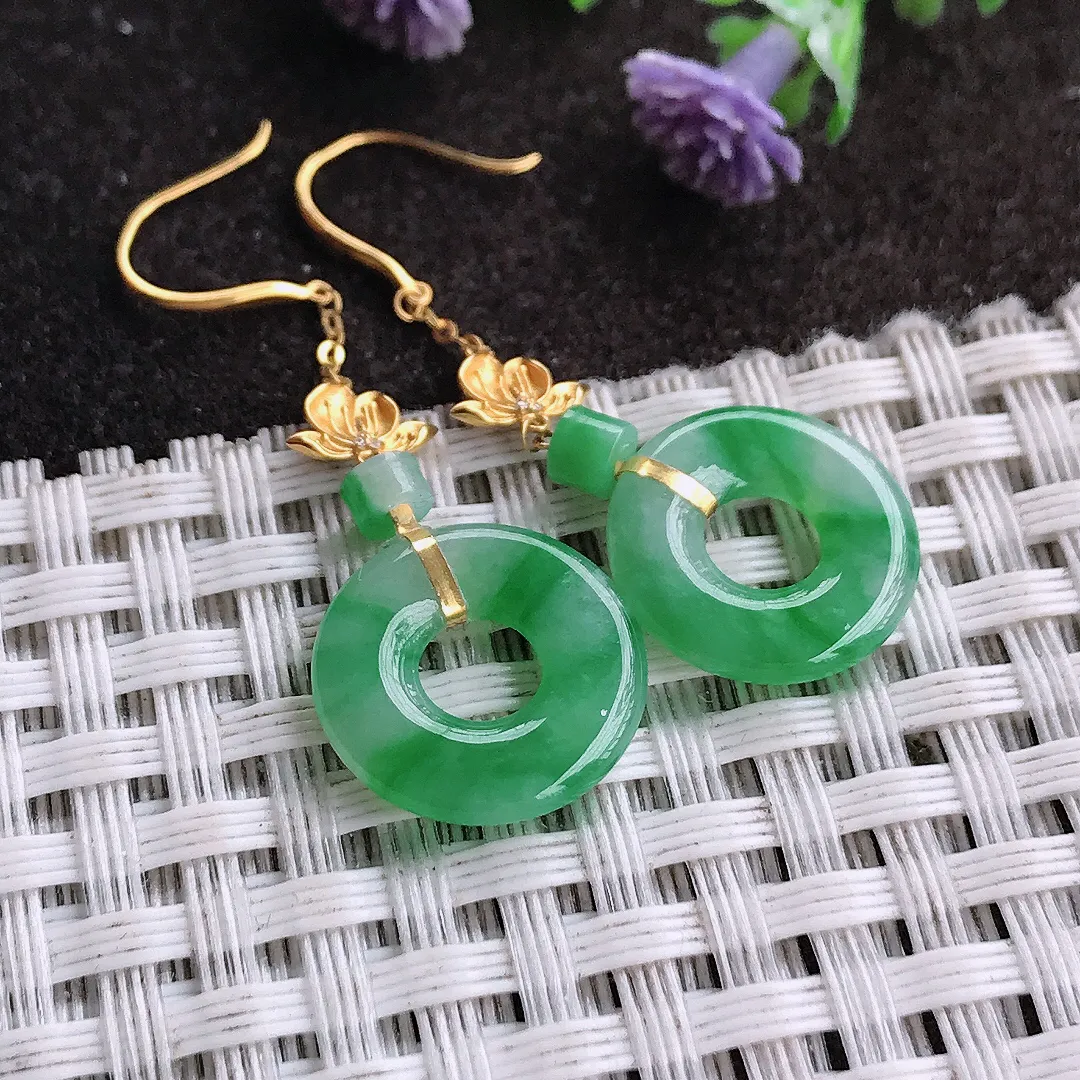 天然A货翡翠14/2.6老坑18k金镶嵌冰胶飘阳绿玉环平安扣耳坠