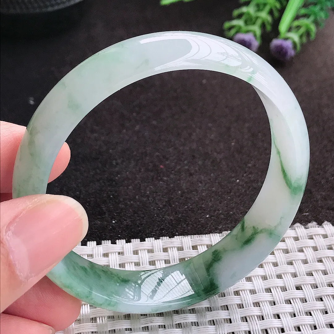 天然A货翡翠58.5/14.8/6.5老坑冰胶果冻冰飘花手镯宽边玉镯