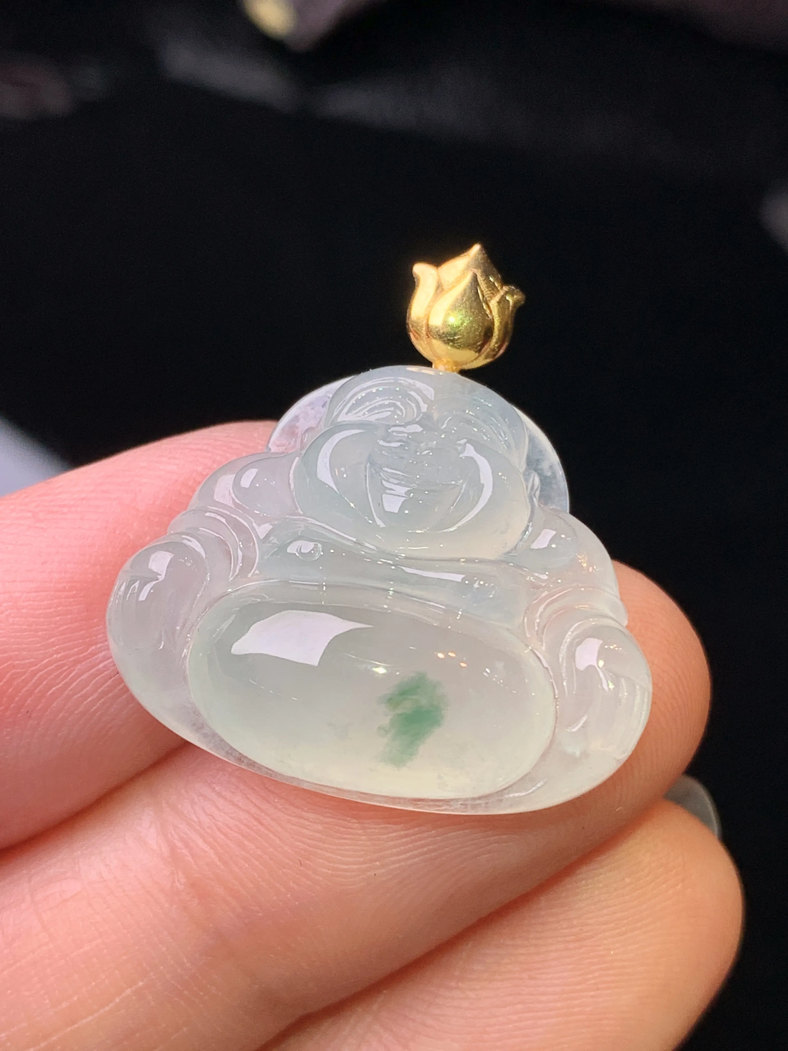 18k金镶嵌冰种佛公吊坠 玉质细腻 水润亮眼 色泽艳丽 整体尺寸25*23*6.8