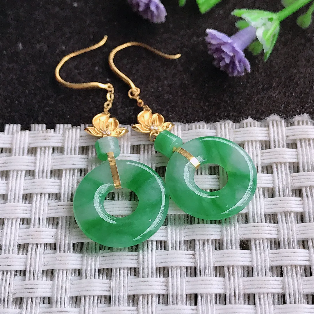 天然A货翡翠14/2.6老坑18k金镶嵌冰胶飘阳绿玉环平安扣耳坠