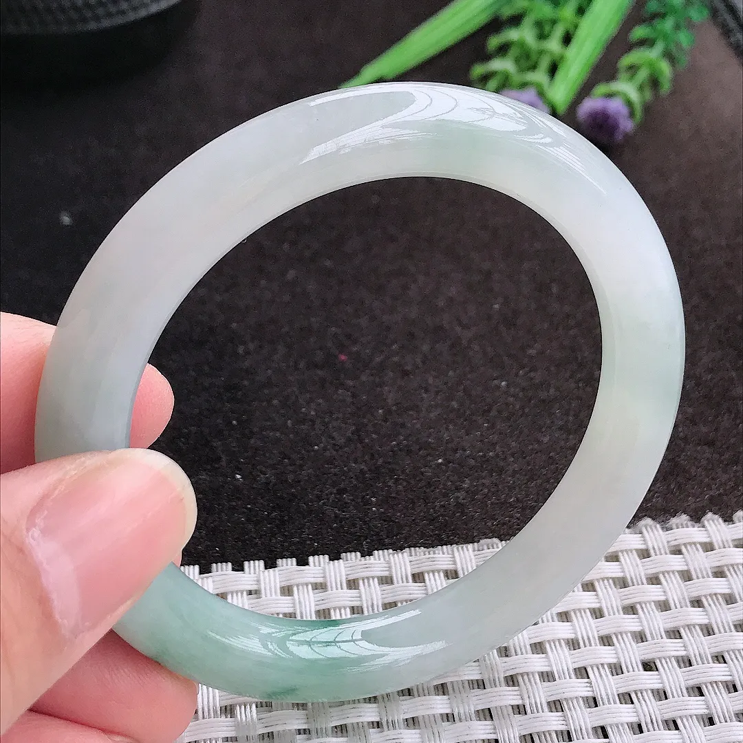 天然A货翡翠53.5/9.1老坑冰胶果冻飘花圆条手镯玉镯