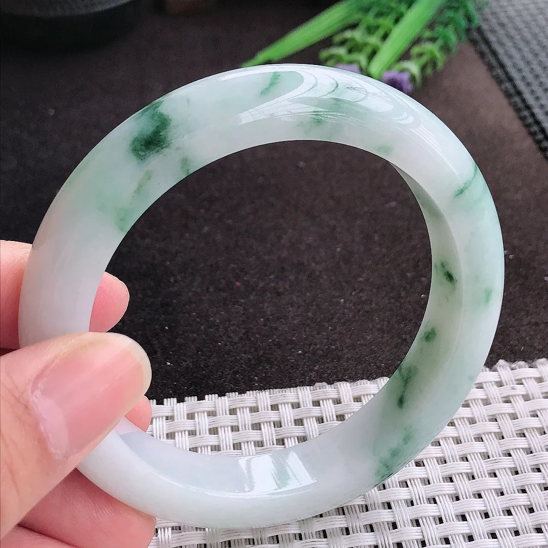 天然A货翡翠60/12.6/9.5老坑精美油润飘花手镯宽边玉镯