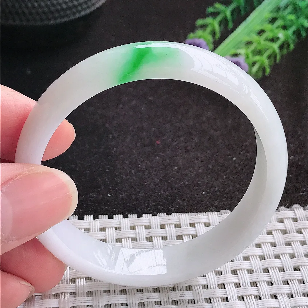 天然A货翡翠51/11.2/5.8老坑秀气温润白底青阳绿手镯宽边玉镯