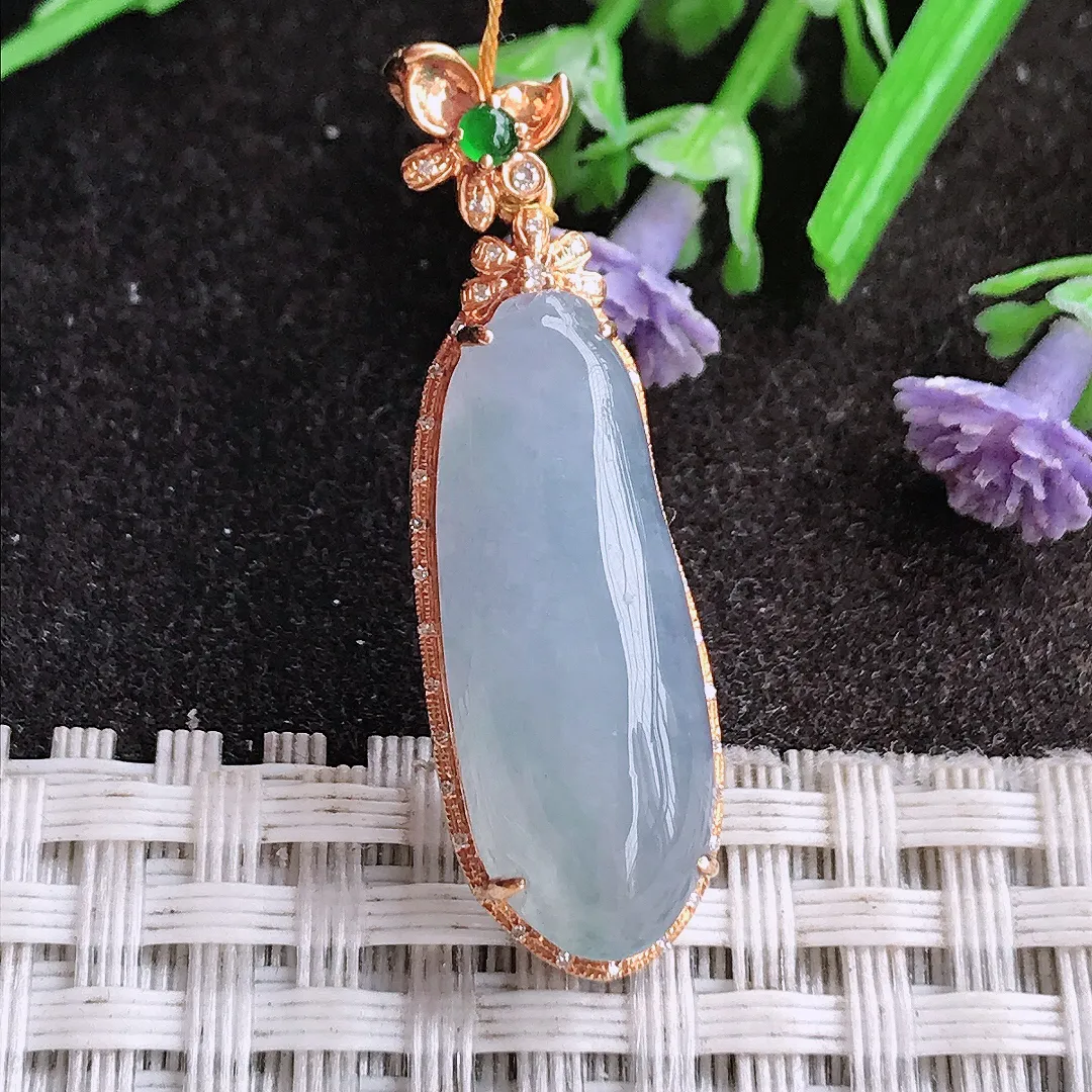 天然A货翡翠37/11/7.8老坑18k金镶嵌冰胶果冻紫罗兰福瓜吊坠翡翠挂件