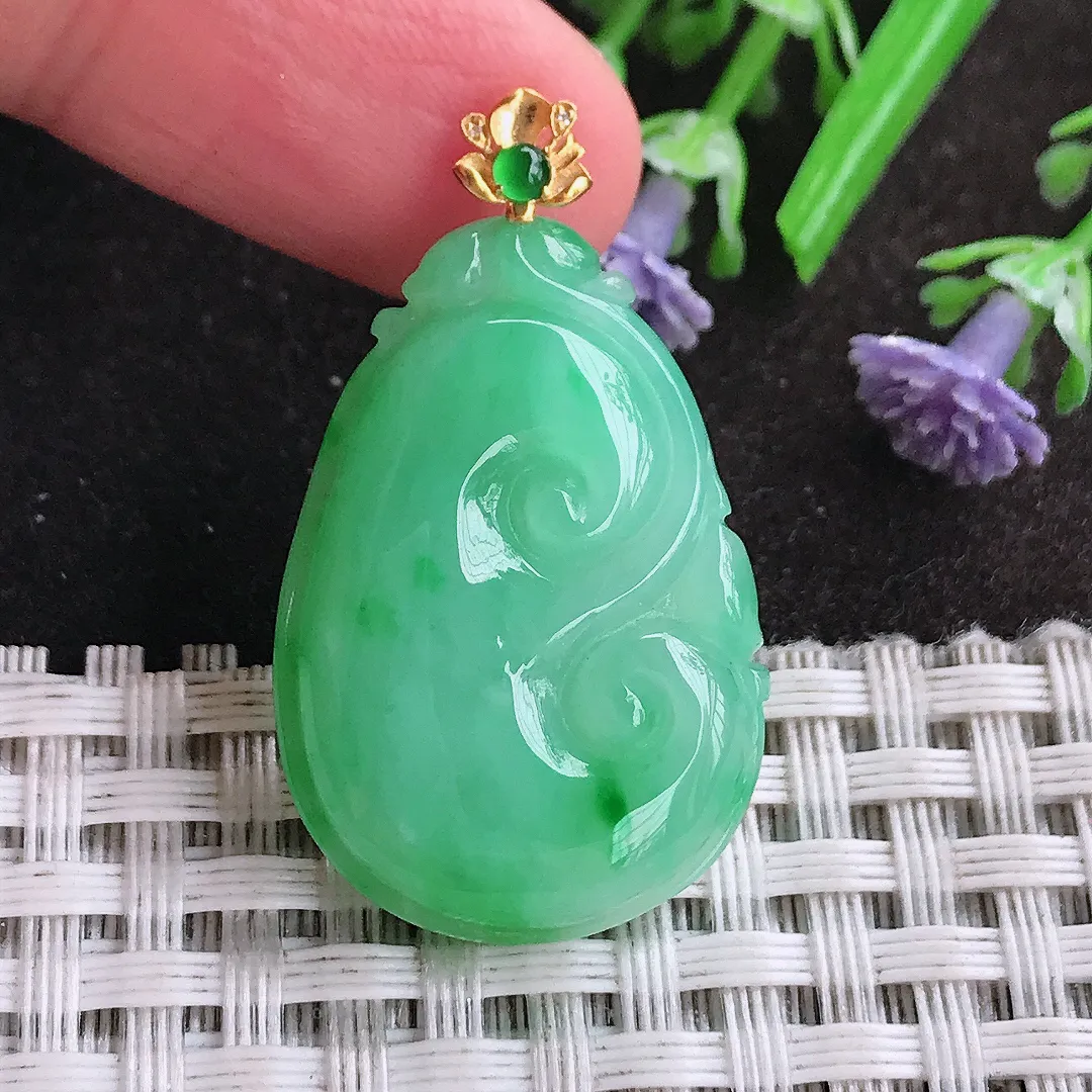 天然A货翡翠30/21/5.7老坑18k金镶嵌冰润起胶满绿阳绿如意吊坠翡翠挂件