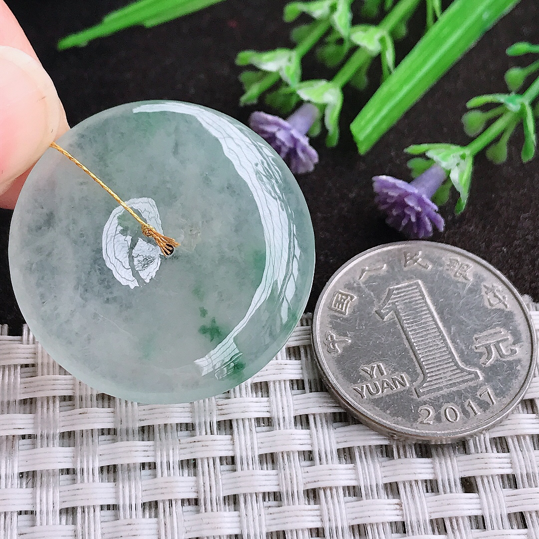 天然A货翡翠31.7/5.3老坑冰透果冻胶冰飘花平安扣吊坠翡翠玉扣挂件