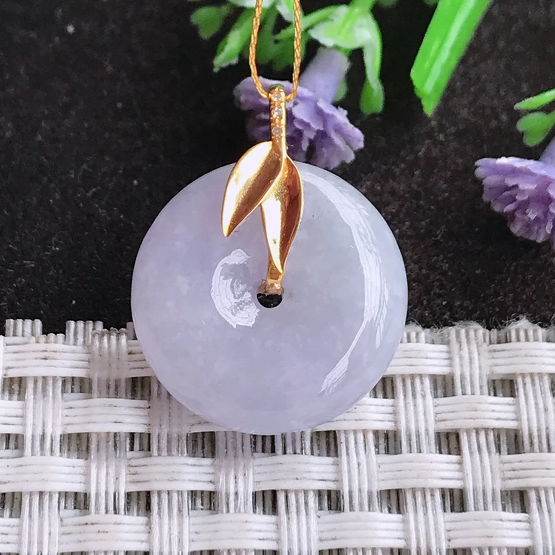 天然A货翡翠18.4/5.8老坑18k金镶嵌冰润紫罗兰小平安扣吊坠翡翠挂件