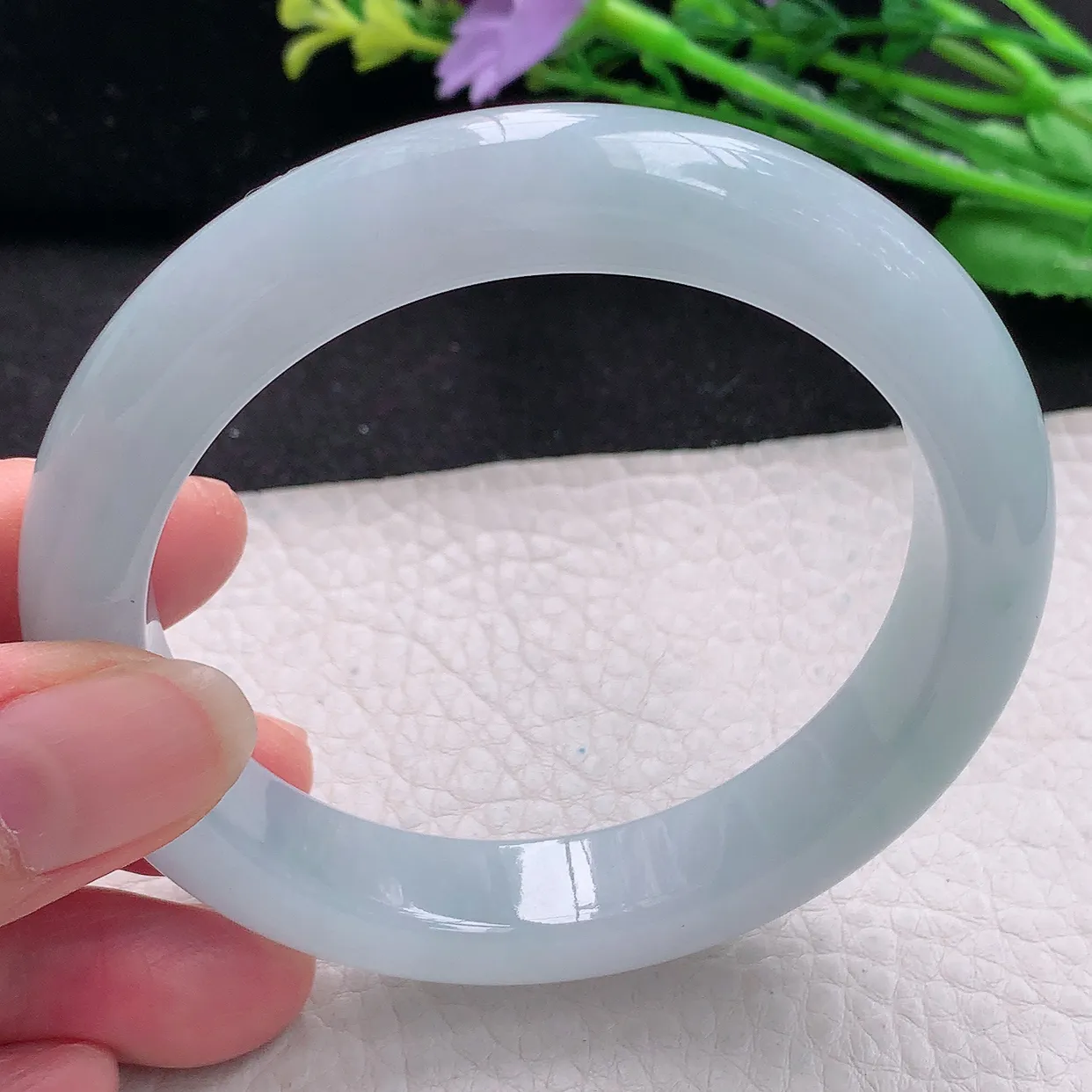 r自然光59*12*9.2平安镯 翡翠a货玉手镯冰胶白月光宽边珠宝玉手环