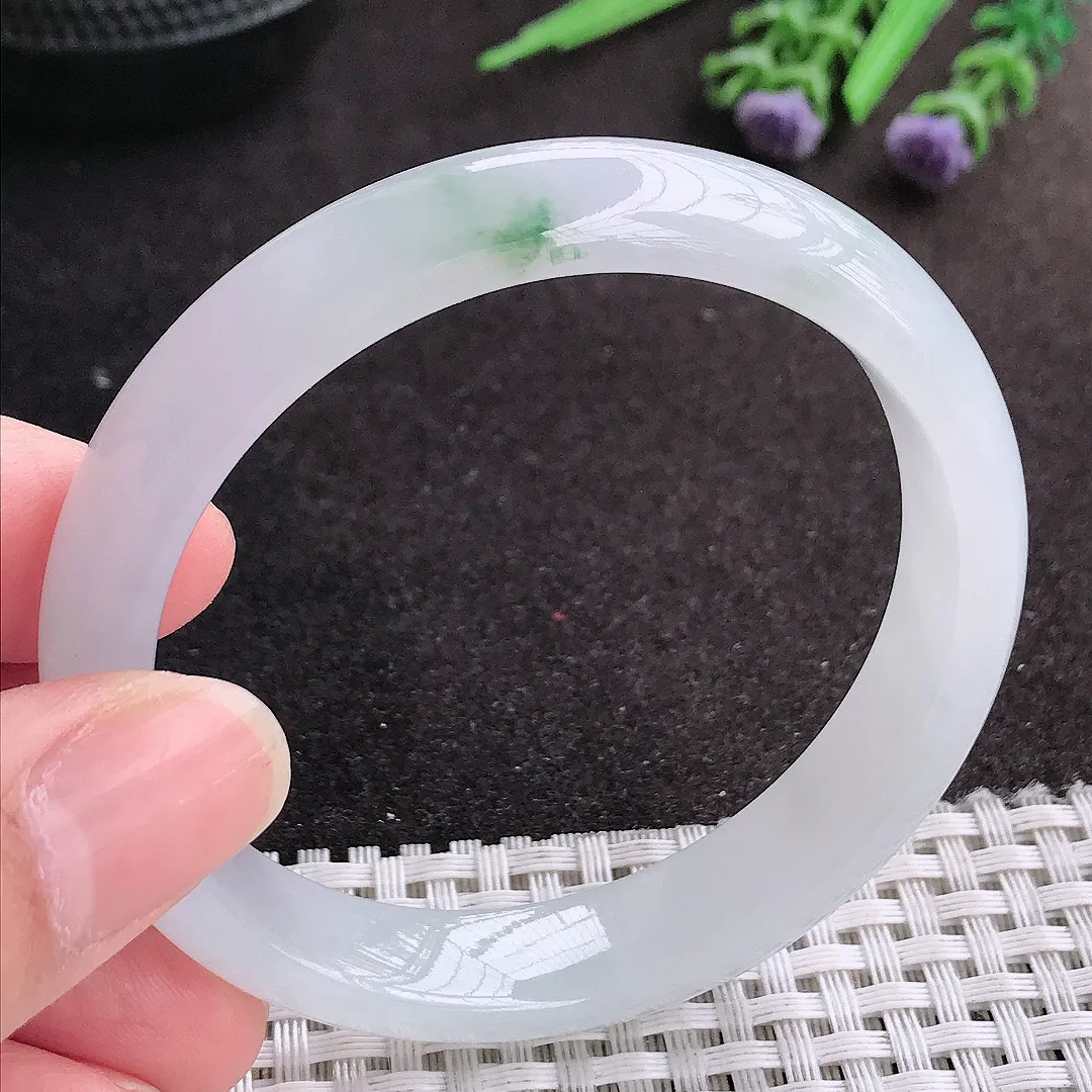 天然A货翡翠55/11.7/7.2老坑冰润起胶飘花手镯宽边玉镯