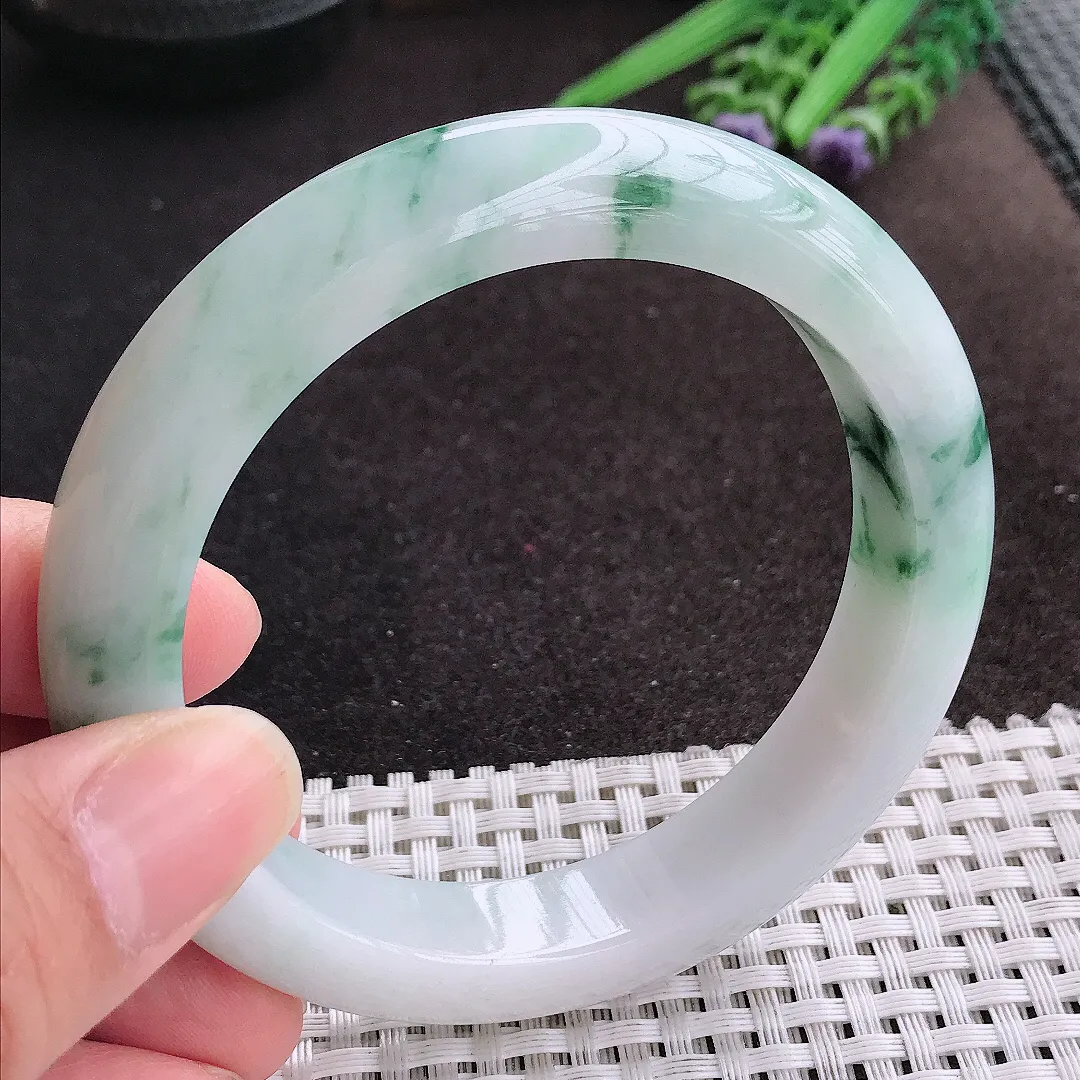 天然A货翡翠60/12.6/9.5老坑精美油润飘花手镯宽边玉镯