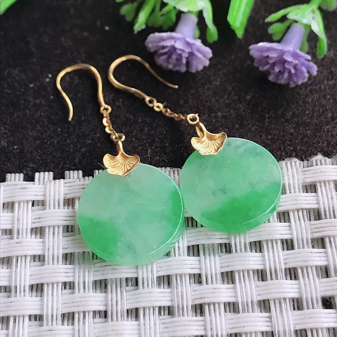 天然A货翡翠14.3/2.7老坑18k金镶嵌冰阳绿无事牌耳坠女款