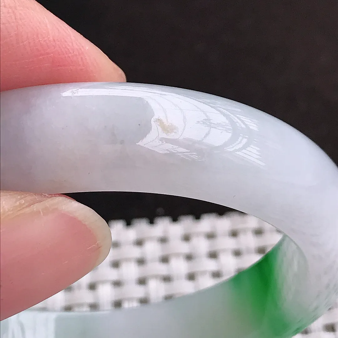 天然A货翡翠52.5.12/7.8老坑冰润起胶白底青飘阳绿手镯宽边玉镯