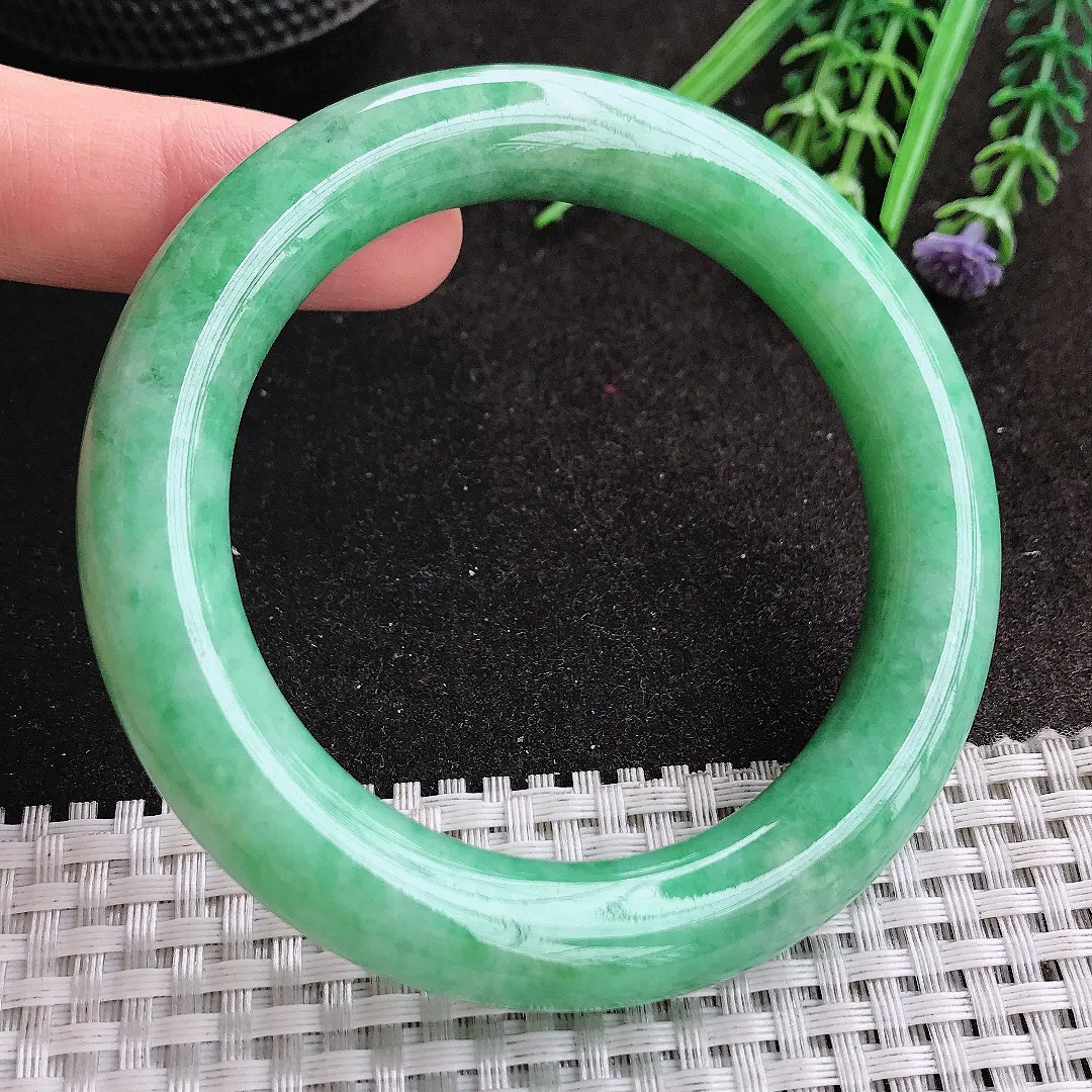 天然A货翡翠56.8/11.6老坑温润满绿胖圆条手镯玉镯