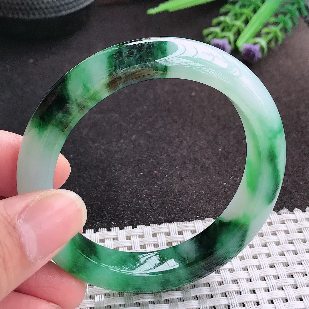 天然A货翡翠54.8/12/9老坑精美冰润飘绿手镯宽边玉镯