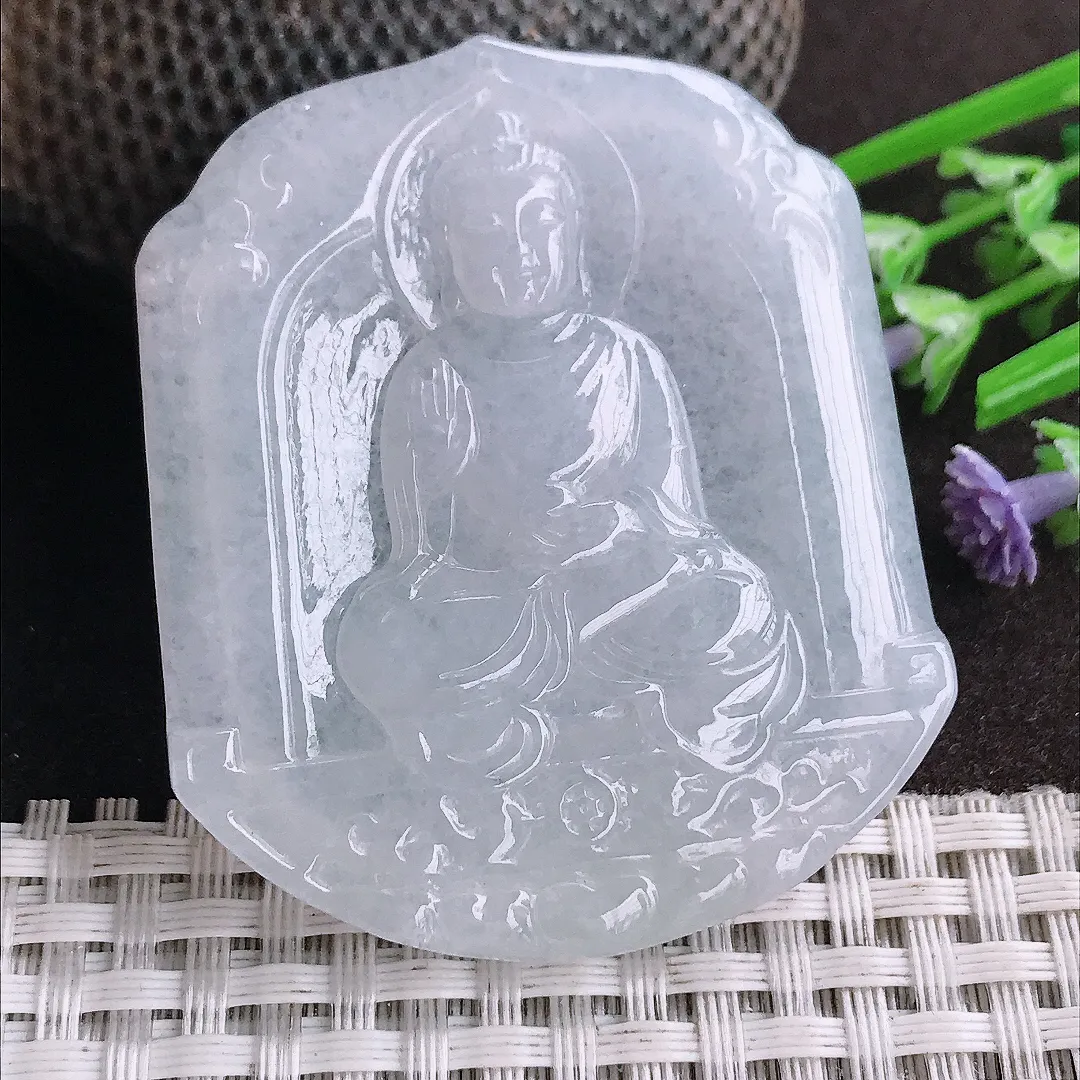 天然A货翡翠53.8/45.3/5.8老坑秀气冰润月光白阿弥陀佛吊坠翡翠挂件